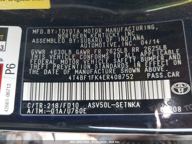 4T4BF1FK4ER408752 Toyota CAMRY LE