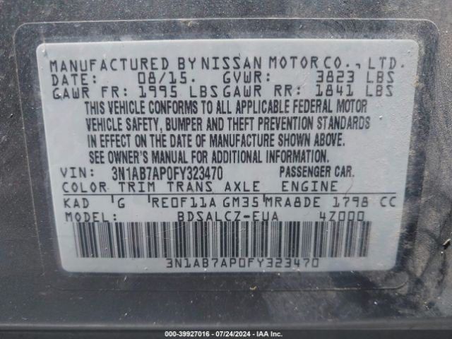 3N1AB7AP0FY323470 Nissan SENTRA S