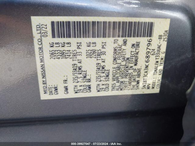 5N1BT3CA3NC689796 Nissan Rogue Sl Fwd