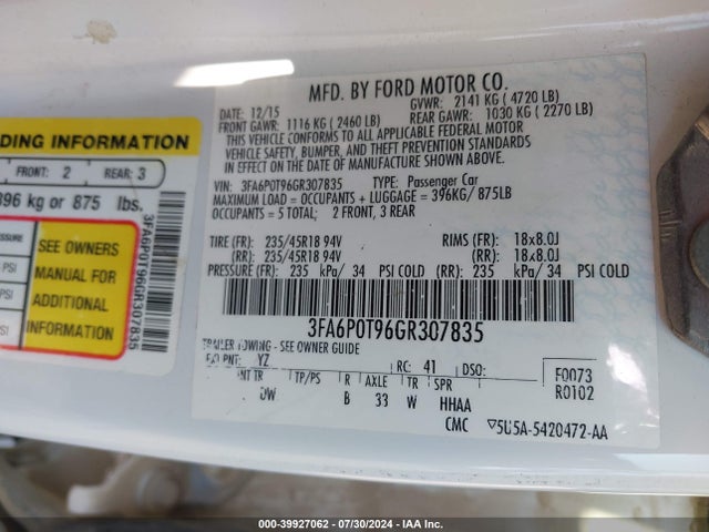 Ford FUSION SE 2016 3FA6P0T96GR307835 Image 9