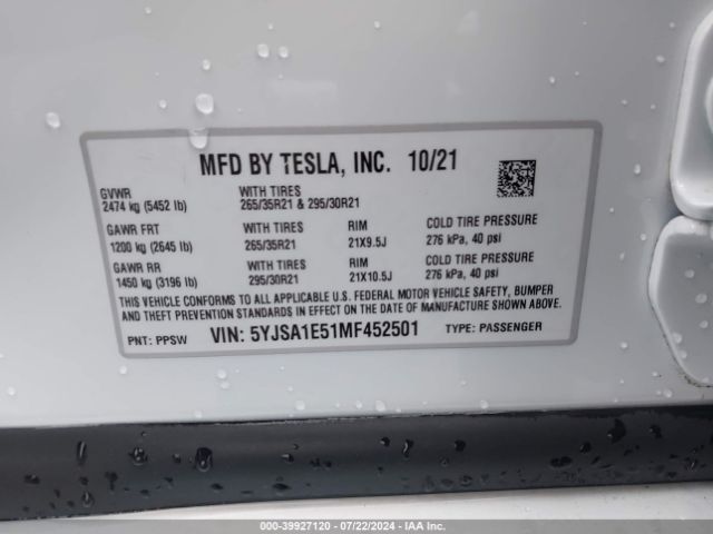 5YJSA1E51MF452501 Tesla Model S Long Range Dual Motor All-wheel Drive