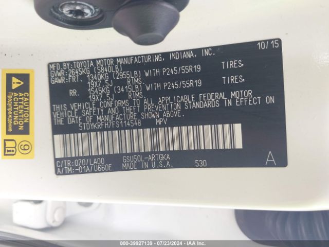 5TDYKRFH7FS114548 Toyota Highlander Limited V6