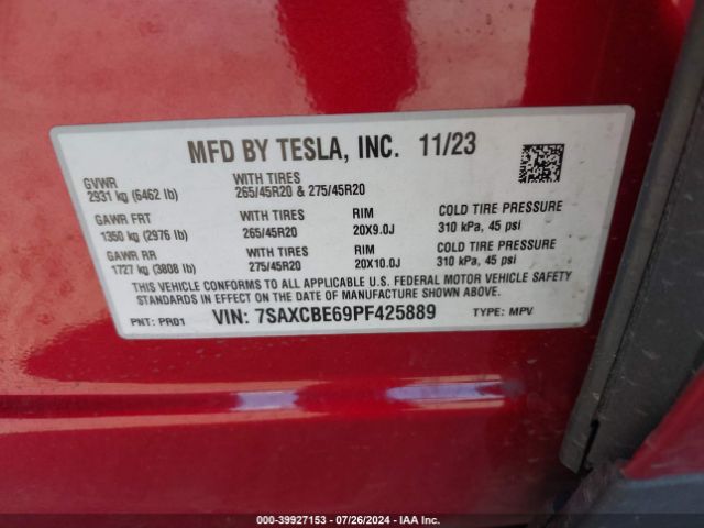 7SAXCBE69PF425889 Tesla Model X Plaid Tri Motor All-wheel Drive