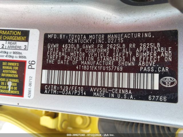 4T1BD1FK1FU157769 Toyota Camry Hybrid Le