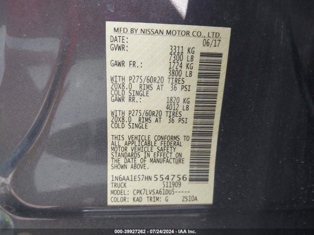 Nissan Titan Sl 2017 1N6AA1E57HN554756 Image 9