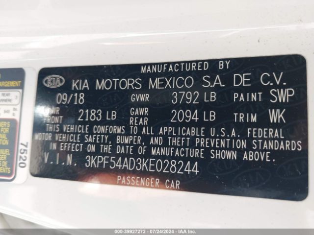 3KPF54AD3KE028244 KIA FORTE EX