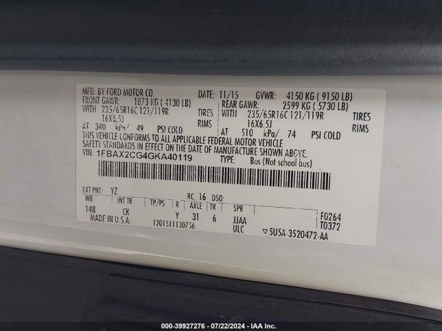 Ford Transit-350 Xlt 2016 1FBAX2CG4GKA40119 Image 9