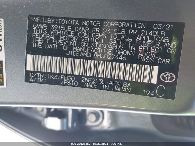 Toyota Corolla Hybrid Le 2021 JTDEAMDE8MJ027446 Image 9