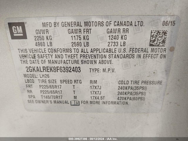 GMC Terrain Sle-2 2015 2GKALREK8F6392403 Image 9
