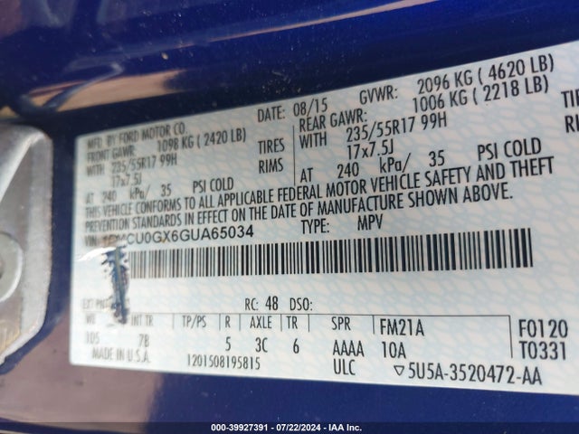 Ford ESCAPE SE 2016 1FMCU0GX6GUA65034 Image 9