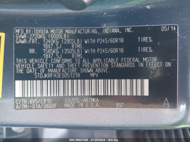 5TDJKRFH3ES051318 Toyota Highlander Xle V6