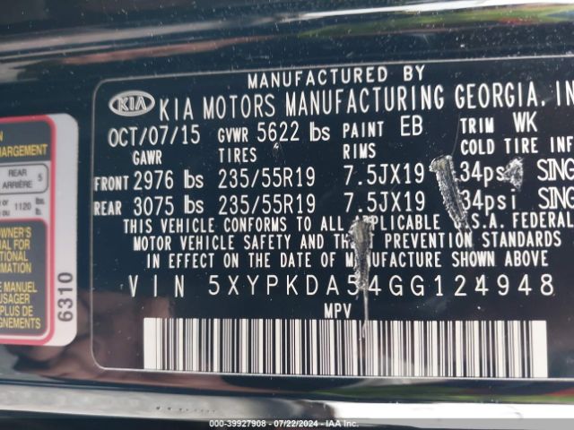 5XYPKDA54GG124948 KIA Sorento 3.3l Sxl