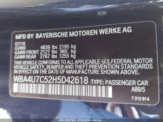 WBA4U7C52H5D42618 BMW 430I
