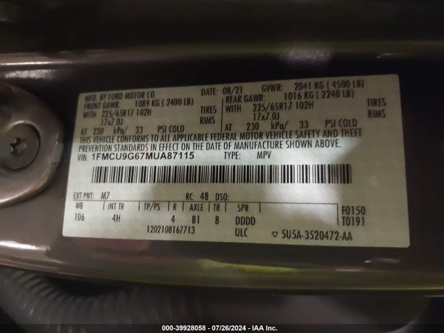 Ford ESCAPE SE 2021 1FMCU9G67MUA87115 Image 9
