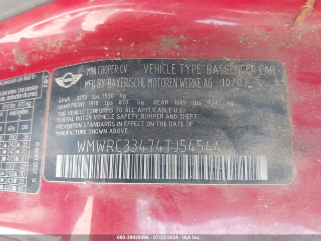 2004 MINI COOPER WMWRC33474TJ54544 Photo 8