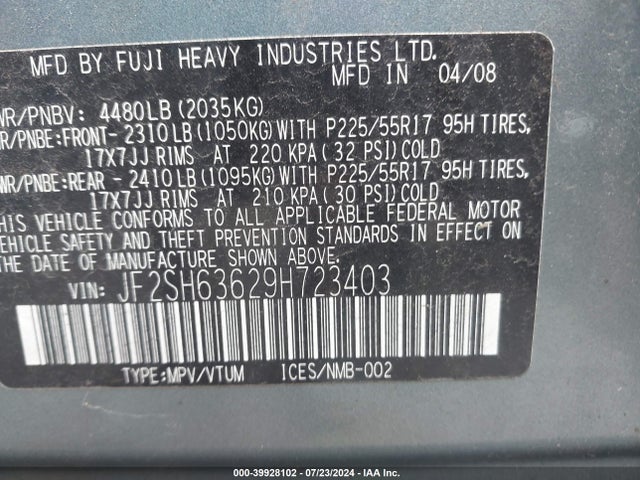 2009 Subaru Forester 2.5x მანქანა იყიდება აუქციონზე, vin: JF2SH63629H723403, აუქციონის ნომერი: 39928102
