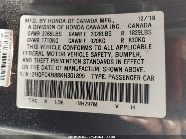 Honda Civic Sport 2019 2HGFC4B88KH301899 Image 9