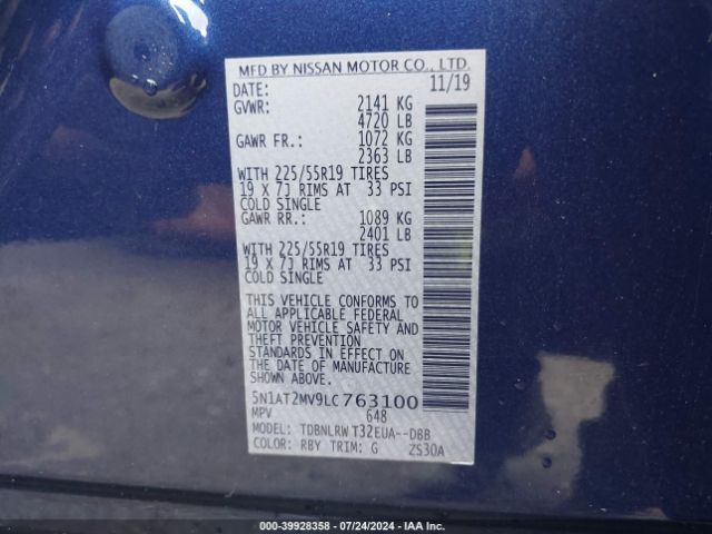 5N1AT2MV9LC763100 Nissan Rogue Sl Intelligent Awd