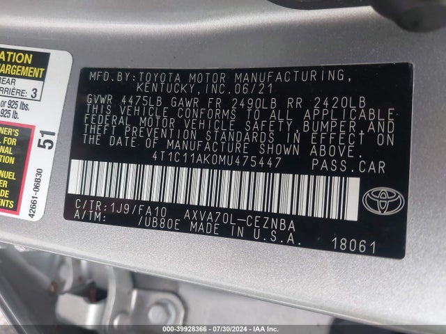 Toyota CAMRY LE 2021 4T1C11AK0MU475447 Image 9