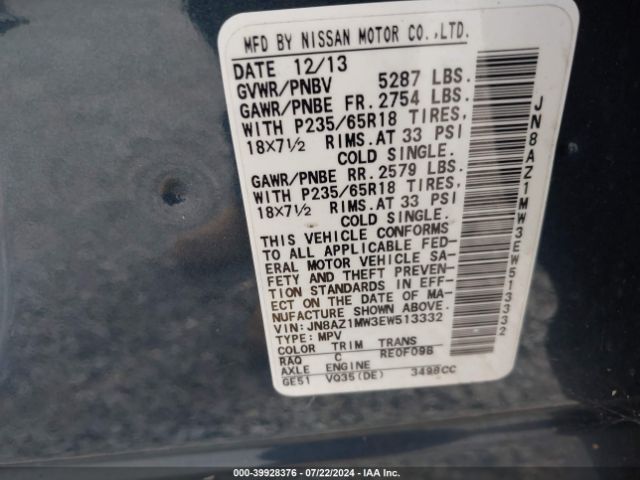 JN8AZ1MW3EW513332 Nissan MURANO SL