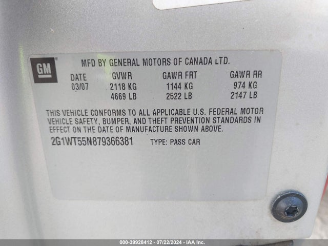 39928412 :رقم المزاد ، 2G1WT55N879366381 vin ، 2007 Chevrolet Impala Lt مزاد بيع