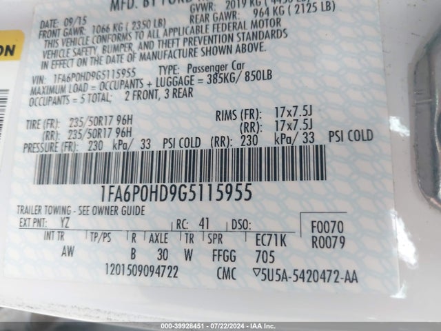 Ford FUSION SE 2016 1FA6P0HD9G5115955 Image 9