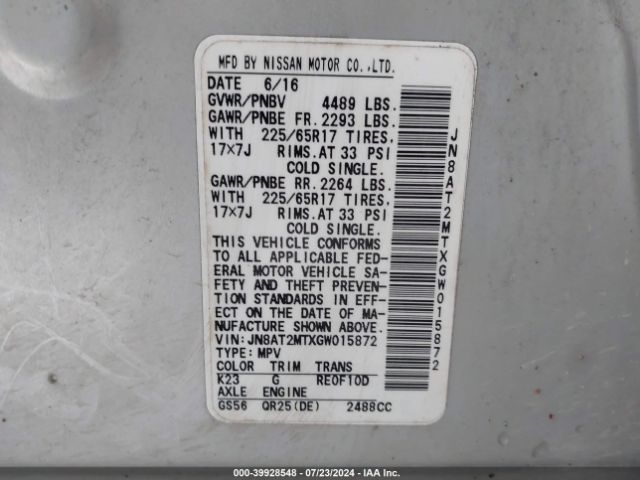 JN8AT2MTXGW015872 Nissan ROGUE S