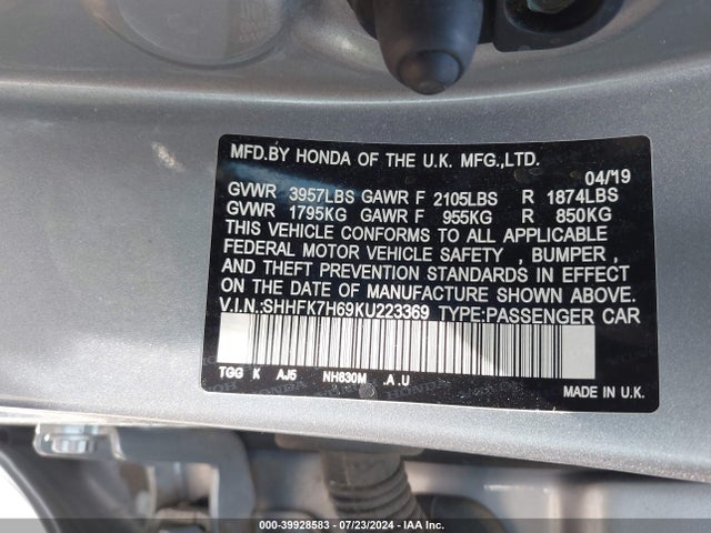 Honda CIVIC EX 2019 SHHFK7H69KU223369 Image 9