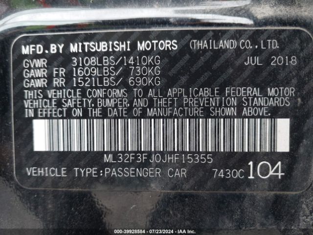 ML32F3FJ0JHF15355 Mitsubishi Mirage G4 Es