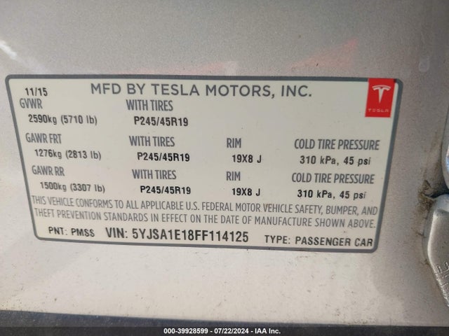 Tesla Model S 60/70/85 2015 5YJSA1E18FF114125 Image 9