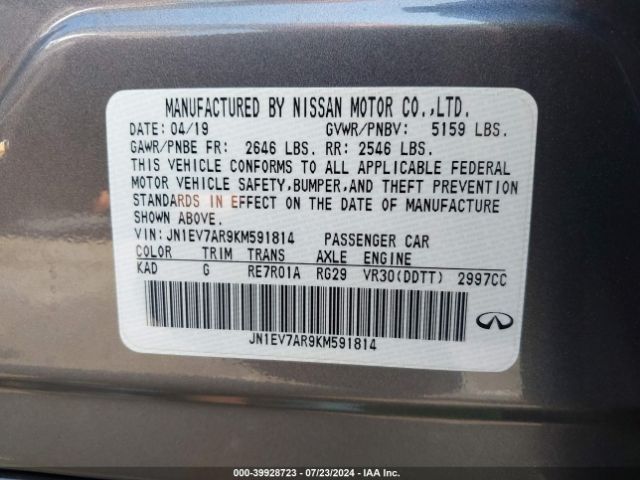 JN1EV7AR9KM591814 Infiniti Q50 3.0t Luxe