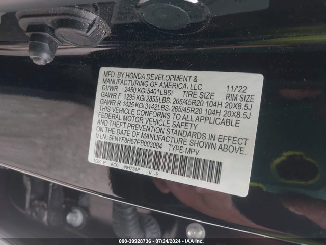 Honda Passport Awd Ex-l 2023 5FNYF8H57PB003084 Image 9