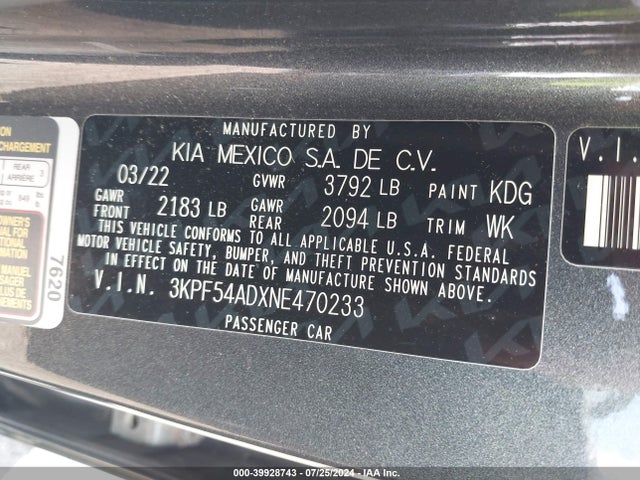 39928743 :رقم المزاد ، 3KPF54ADXNE470233 vin ، 2022 Kia Forte Gt-line مزاد بيع