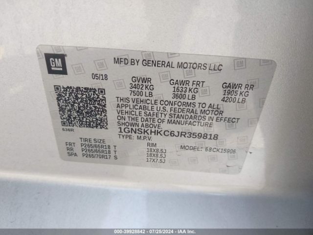 1GNSKHKC6JR359818 Chevrolet Suburban Lt