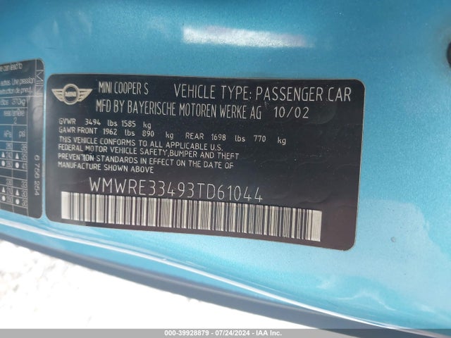 2003 MINI COOPER S WMWRE33493TD61044 Photo 8
