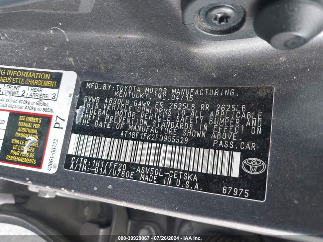 Toyota CAMRY SE 2015 4T1BF1FK2FU955529 Image 9