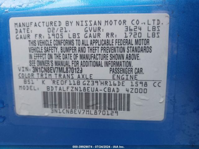 3N1CN8EV7ML870129 Nissan Versa Sv Xtronic Cvt