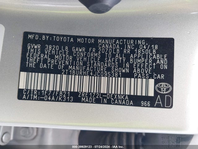 Toyota COROLLA LE 2018 2T1BURHE4JC095381 Image 9