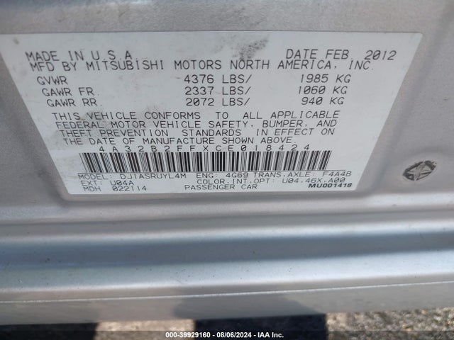 2012 MITSUBISHI GALANT 4A32B2FFXCE018424 Photo 8