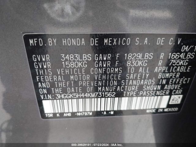 3HGGK5H44KM731562 Honda FIT LX