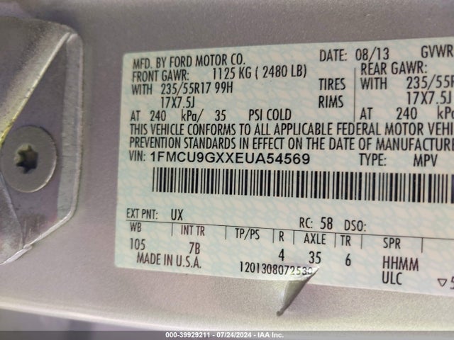 Ford ESCAPE SE 2014 1FMCU9GXXEUA54569 Image 9