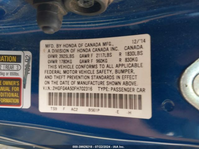 2HGFG4A50FH702316 Honda CIVIC SI