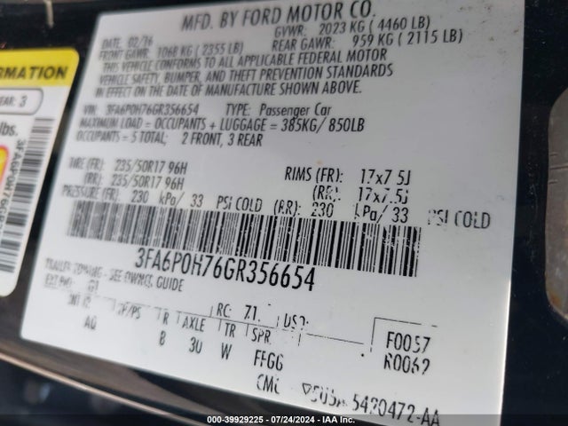 Ford FUSION SE 2016 3FA6P0H76GR356654 Image 9