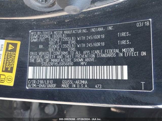 Toyota Highlander Xle 2018 5TDJZRFH5JS856890 Image 9