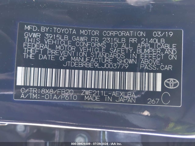 Toyota Corolla Hybrid Le 2020 JTDEBRBE9LJ003779 Image 9