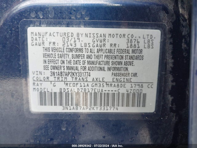 Nissan SENTRA SV 2019 3N1AB7AP2KY331774 Image 9