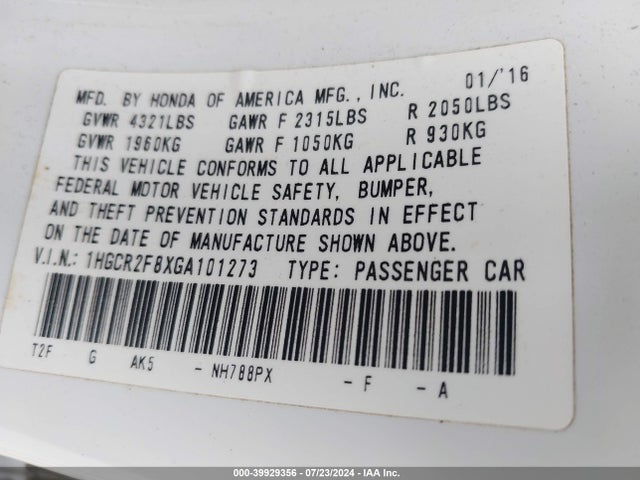 Honda Accord Ex-l 2016 1HGCR2F8XGA101273 Image 9