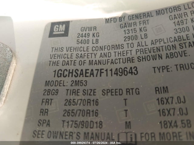 Chevrolet Colorado Wt 2015 1GCHSAEA7F1149643 Image 9