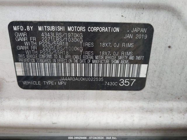 JA4AR3AU0KU022535 Mitsubishi Outlander Sport 2.0 Le