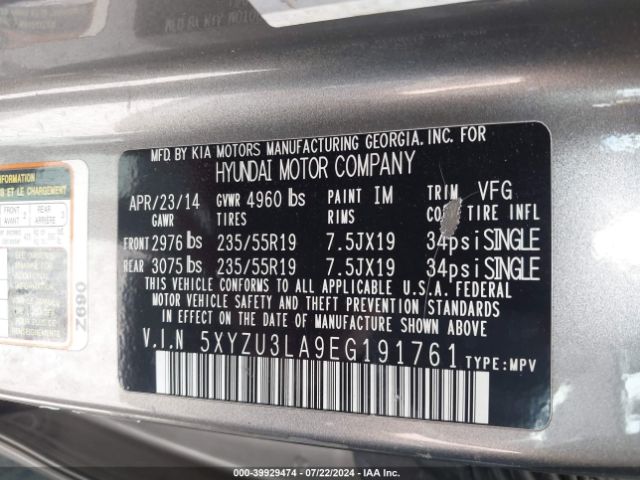 5XYZU3LA9EG191761 Hyundai Santa Fe Sport 2.0l Turbo